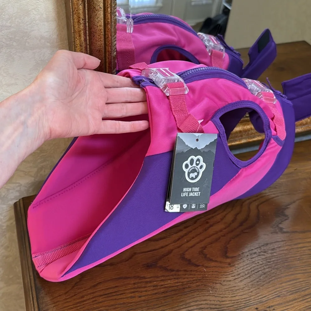 New High Tide life jacket by Canada Pooch for swimming. Pink and Purple. Size 18
